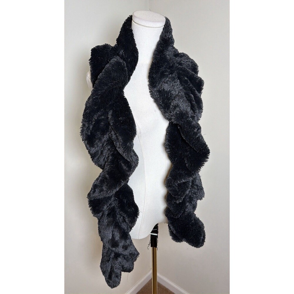 Cejon Black Faux Fur Ruffle Scarf Long Stole Wrap Old Hollywood Glam Mob Wife